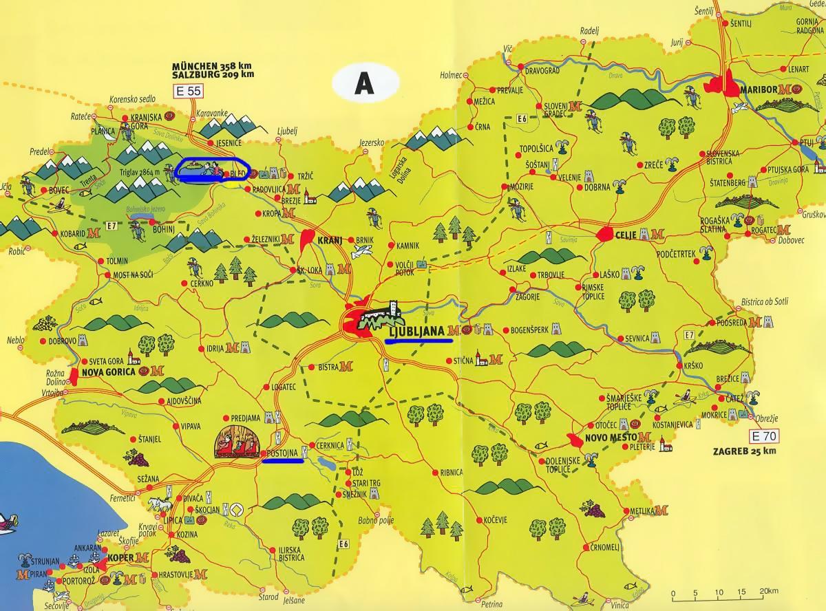 Mapa de atracciones turísticas de Eslovenia